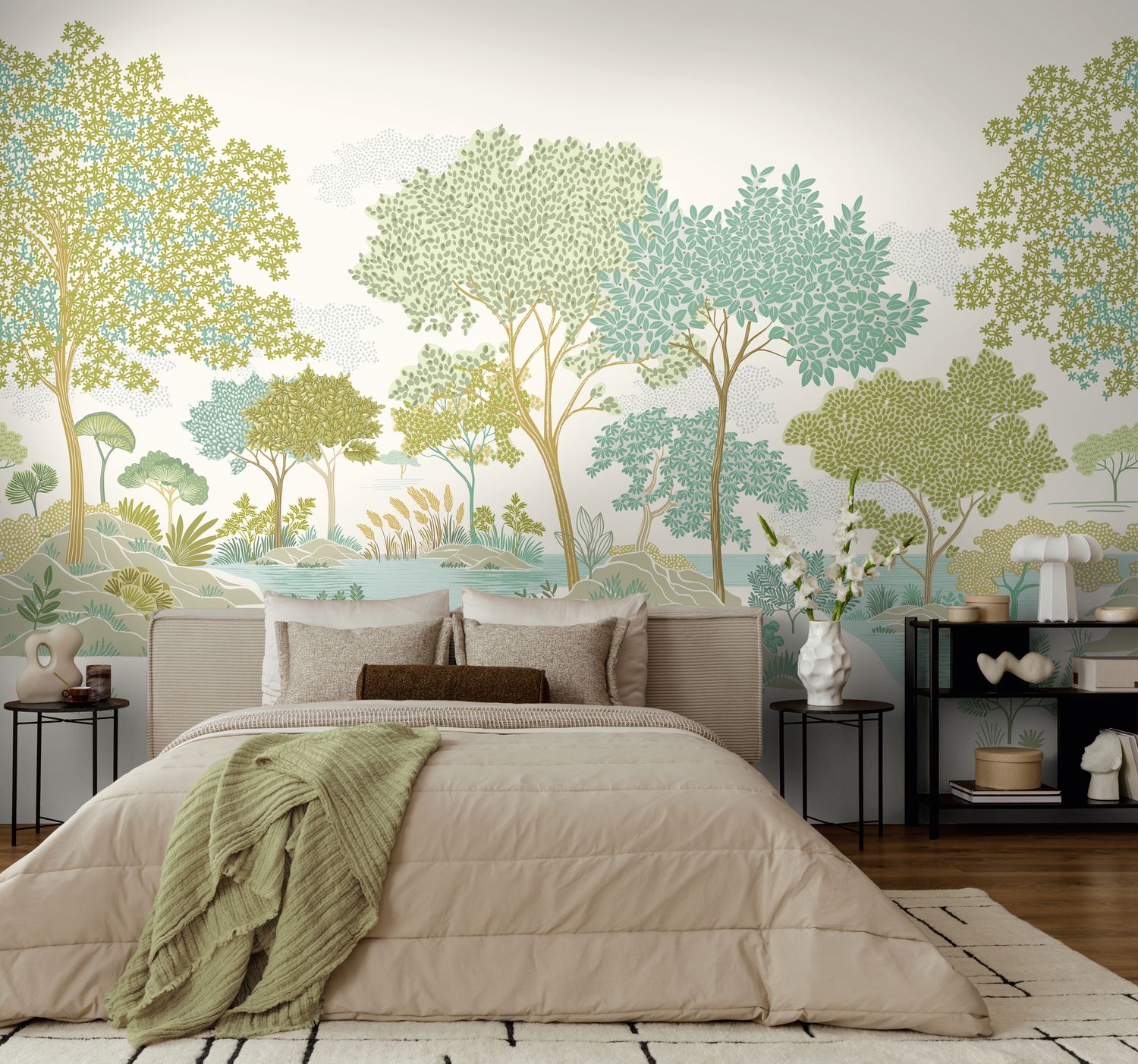 Motivtapete mit illustrativer Naturkulisse und feinen Baumstrukturen matt glatt-Beige-Grün