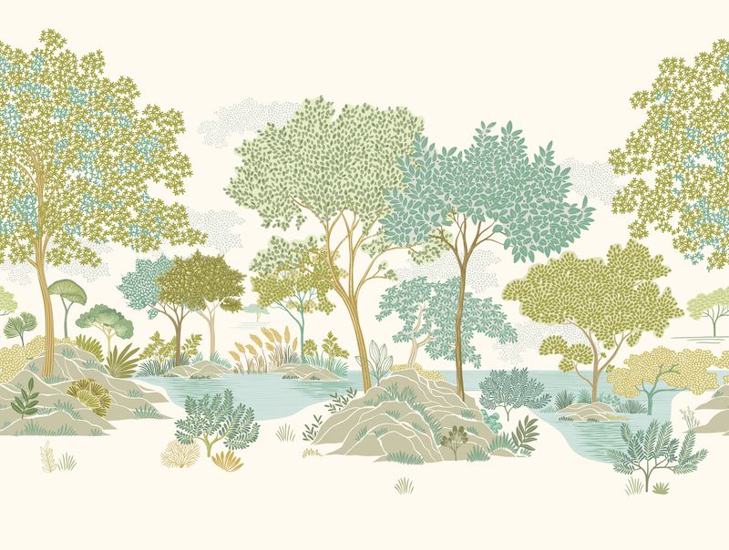 Motivtapete mit illustrativer Naturkulisse und feinen Baumstrukturen matt glatt-Beige-Grün