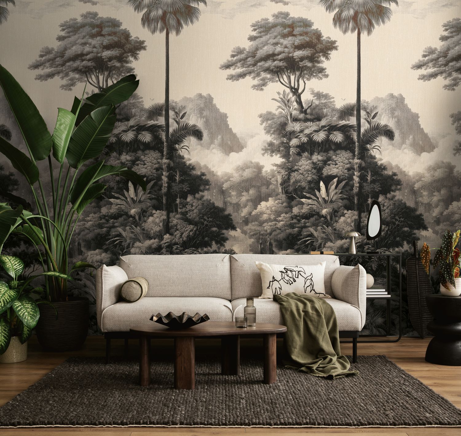 Motivtapete mit klassischem Wald- und Baummotiv leicht strukturiert Creme- Schwarz-Weiß