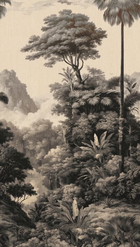 Motivtapete mit klassischem Wald- und Baummotiv leicht strukturiert Creme- Schwarz-Weiß