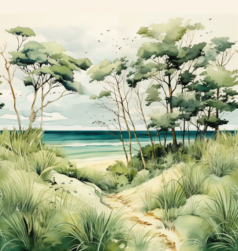 Motivtapete mit Strand, Dünen und Küstenlandschaft im Aquarell Stil matt glatt Grün