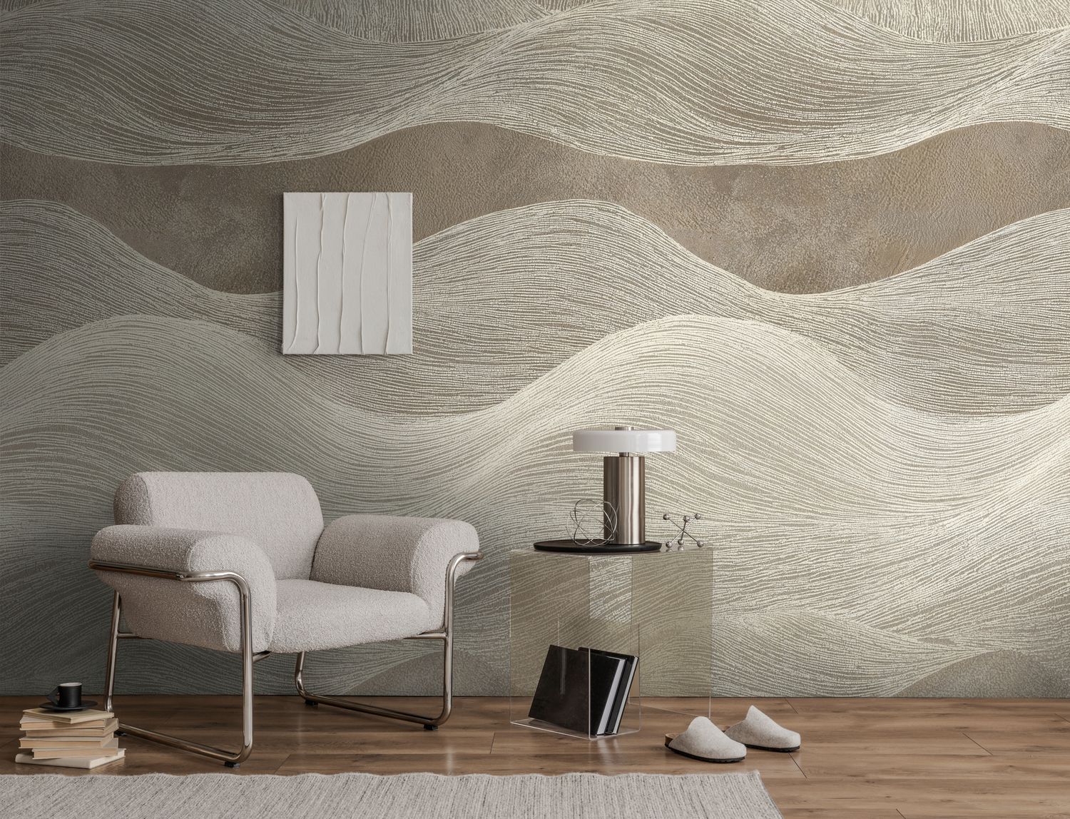 Motivtapete mit Filigranen Linien und sanften Wellen im minimalistischen Natur-Look matt glatt Beige