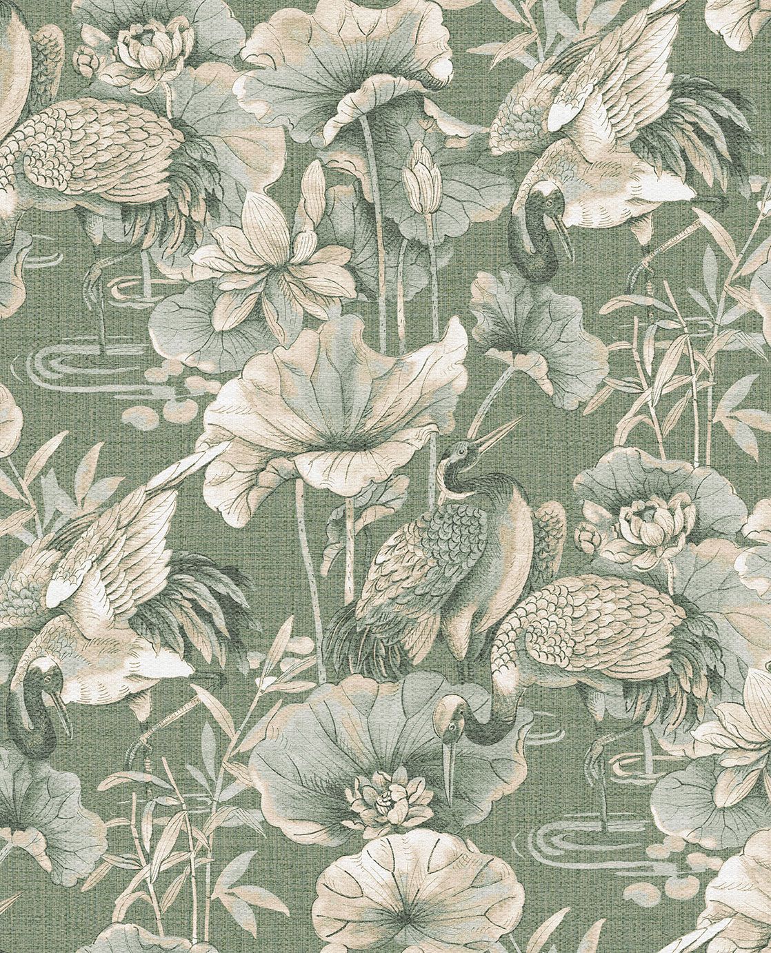 Eijffinger Vliestapete Palau – Kranich &amp; Lotus in Salbeigrün mit Textil-Struktur (Großrolle 1,00 x 10,00 m)