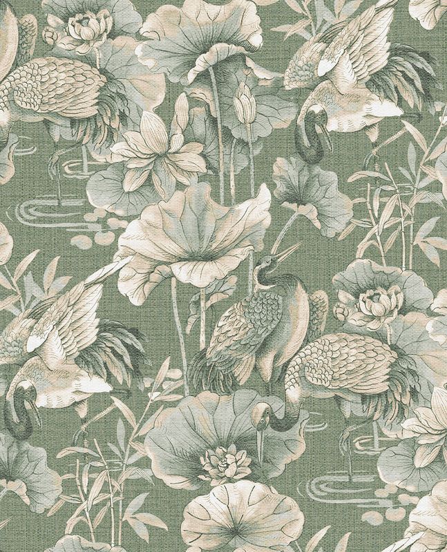 Eijffinger Vliestapete Palau – Kranich &amp; Lotus in Salbeigrün mit Textil-Struktur (Großrolle 1,00 x 10,00 m)