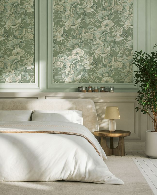 Eijffinger Vliestapete Palau – Kranich &amp; Lotus in Salbeigrün mit Textil-Struktur (Großrolle 1,00 x 10,00 m)