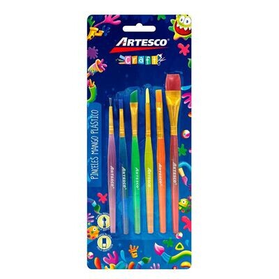 Pinceles Pelo Nylon punta plana plástico Set X 6 Mango de colores