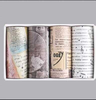 Cinta de papel Retro, adhesivo decorativo artesanal-Mapa creativo, nota musical, periodico Caja x 4 rollos