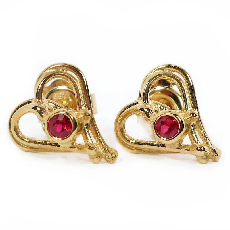 18ct Gold Ruby Open Wire Heart Stud Earrings
