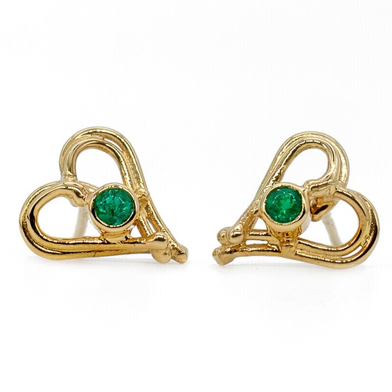 18ct Gold Emerald Open Wire Heart Stud Earrings