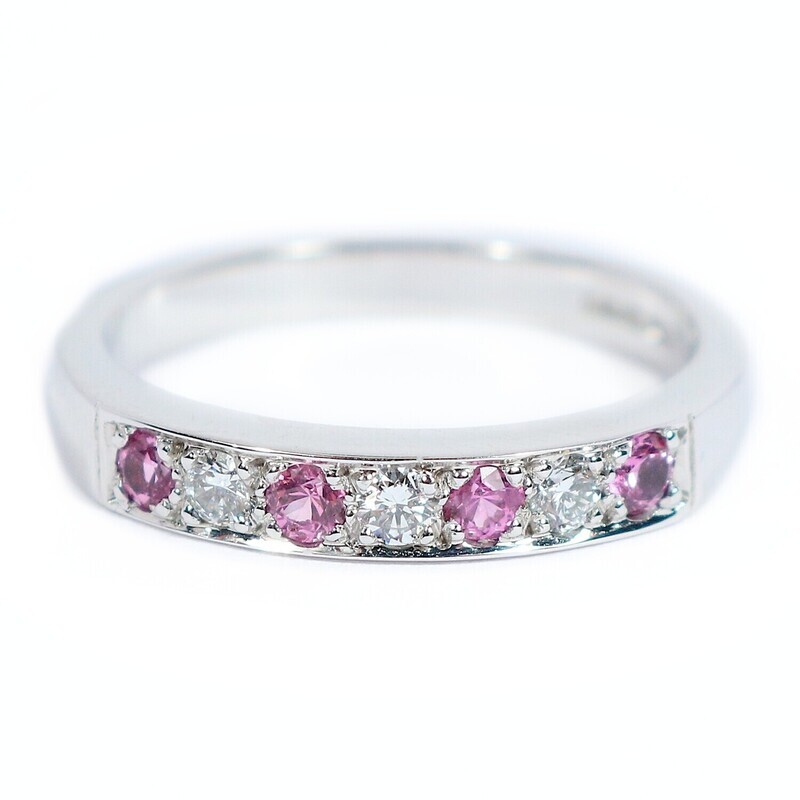18ct White Gold Diamond &amp; Pink Sapphire Half Eternity Ring