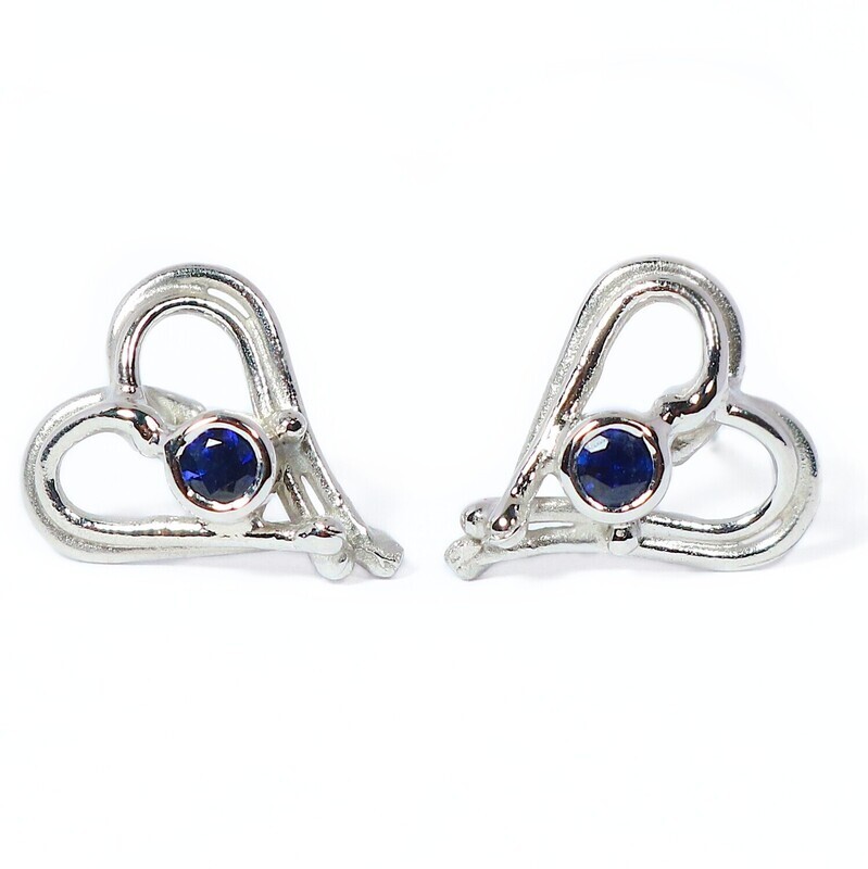 18ct White Gold Blue Sapphire Open Wire Heart Stud Earrings
