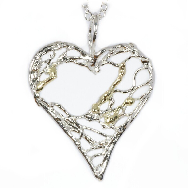 Silver &amp; 14ct Yellow Gold Open Birdsnest Heart Pendant