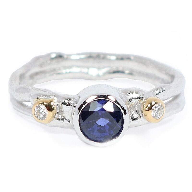 18ct White &amp; Yellow Gold Blue Sapphire &amp; Diamond Cyclone 2 Ring