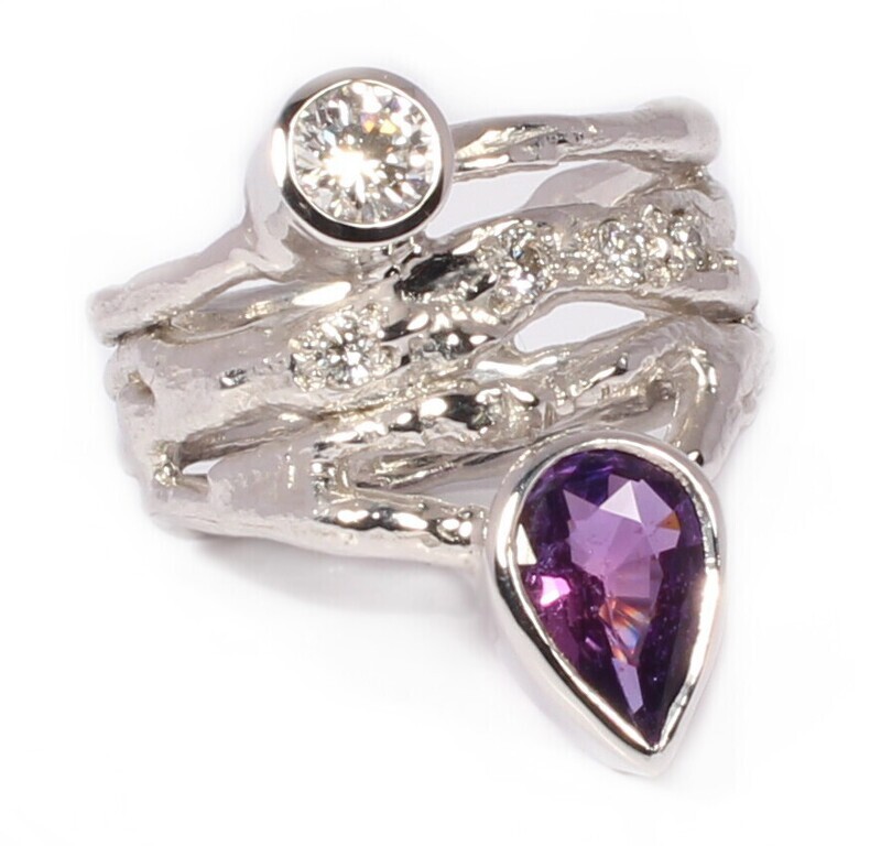 18ct White Gold Purple Sapphire &amp; Diamond Twister Ring