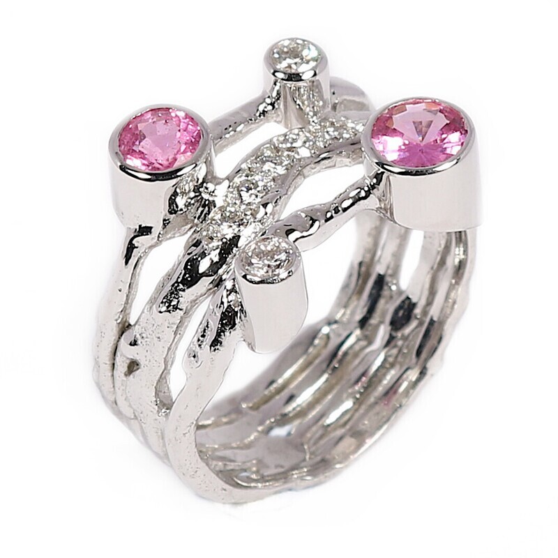 18ct White Gold Diamond &amp; Pink Sapphire Twister Ring