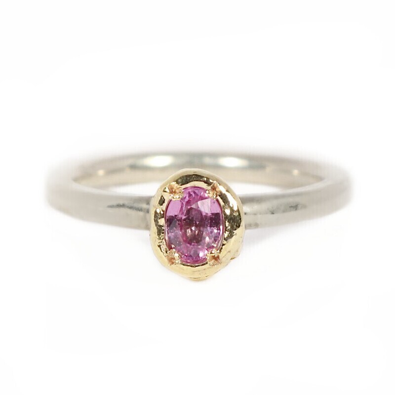 Silver &amp; 18ct Yellow Gold Oval Pink Sapphire Tutti Fruiti Ring