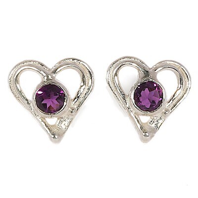 Silver Amethyst Open Wire Heart Stud Earrings