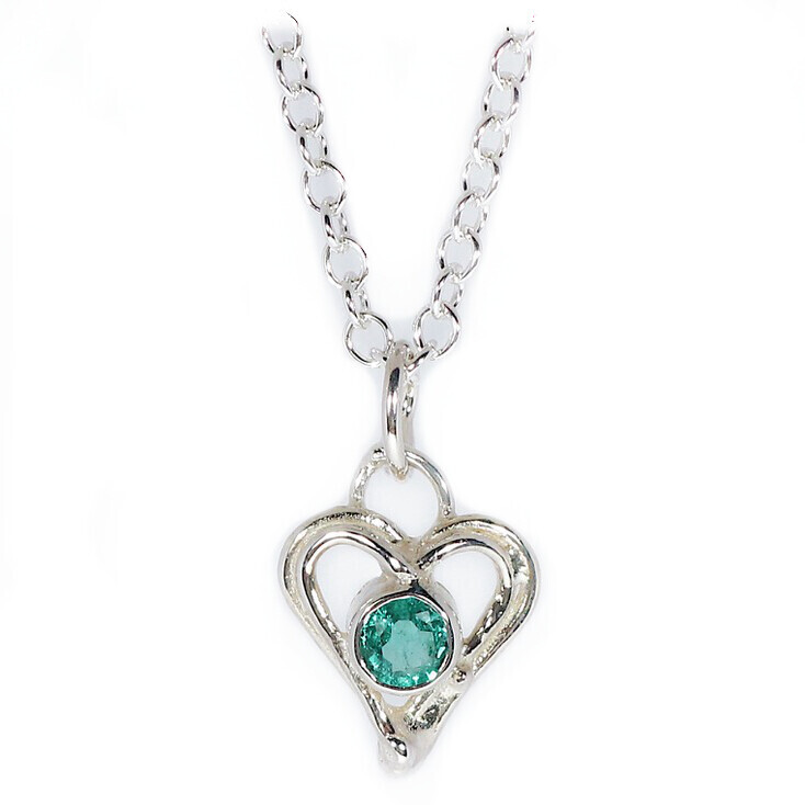 Silver Emerald Open Wire Heart Pendant