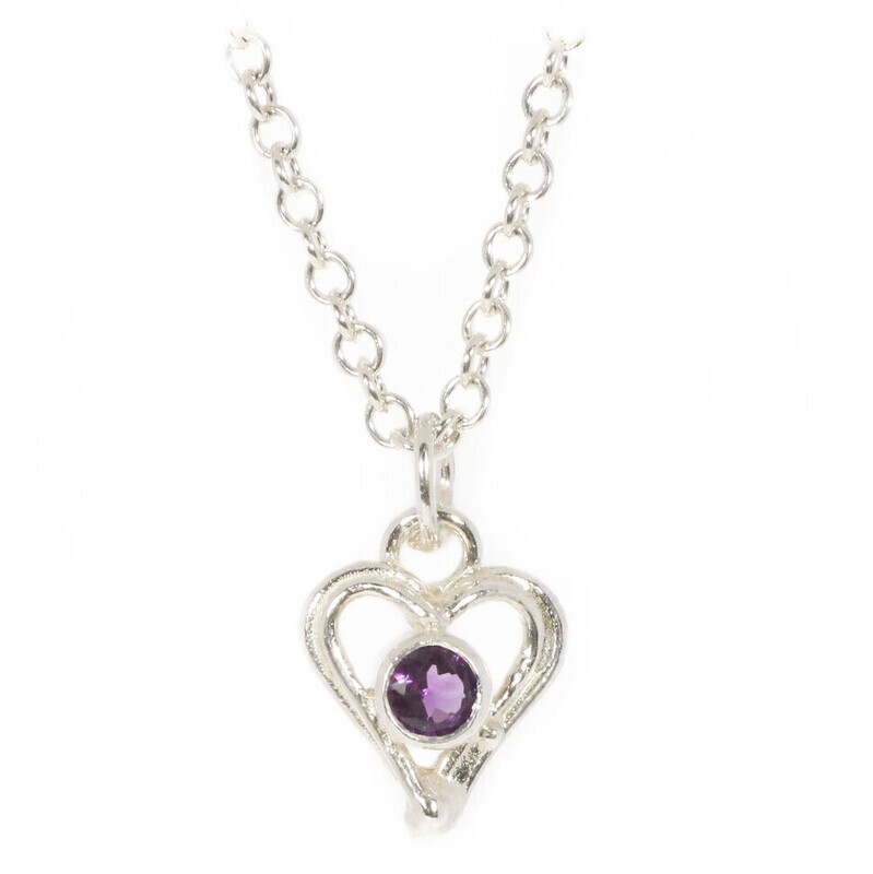 Silver Amethyst Open Wire Heart Pendant &amp; Chain