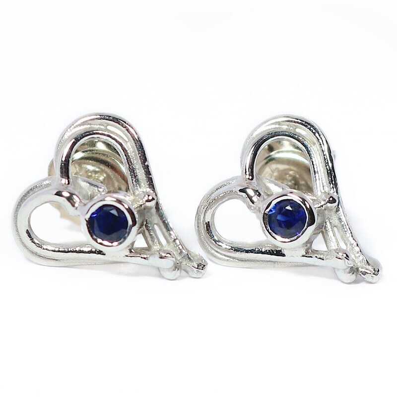 18ct White Gold Blue Sapphire Open Wire Heart Stud Earrings