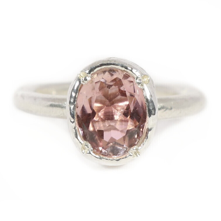 Silver 9x7mm Oval Pink Tourmaline Tutti Fruiti Ring
