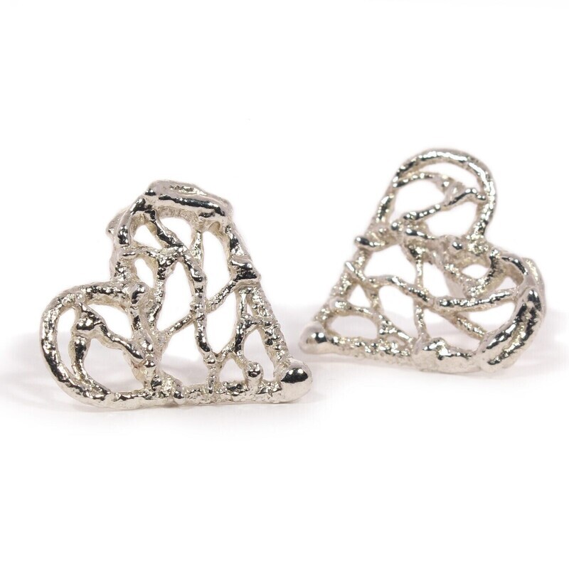 Silver Birdsnest Heart Stud Earrings (20mm wide)