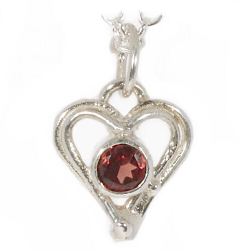 Silver Garnet Open Wire Heart Pendant &amp; Chain