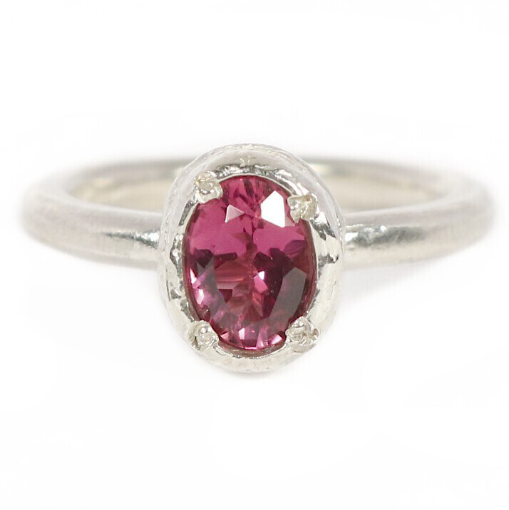 Silver 7x5mm Oval Pink Tourmaline Tutti Fruiti Ring