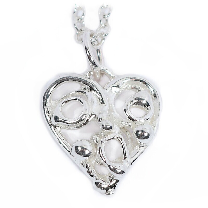Silver Beaded Open Fused Heart Pendant &amp; Chain (15mm wide)