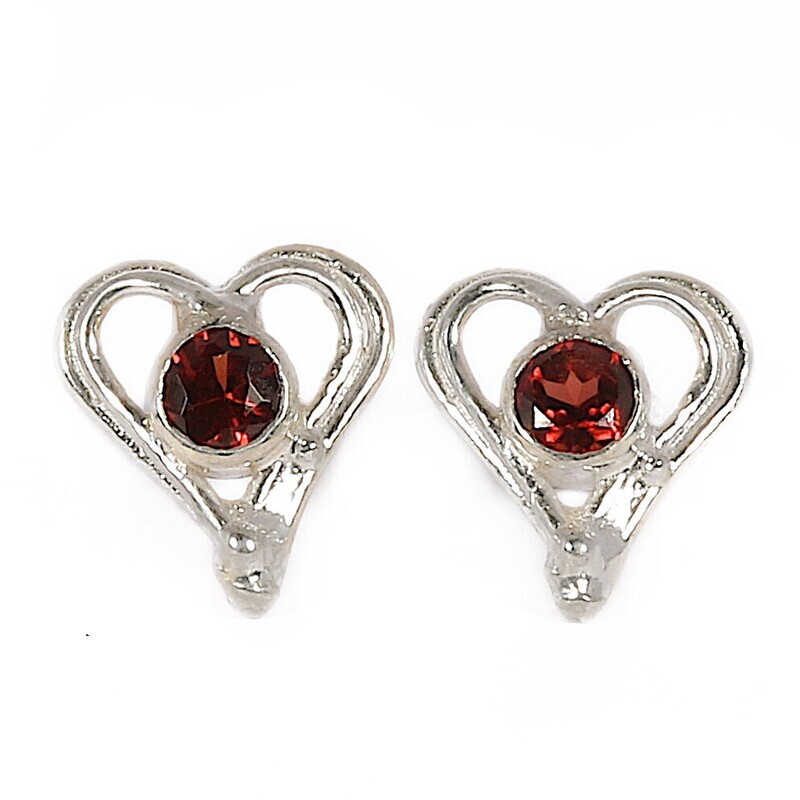 Silver Garnet Open Wire Heart Stud Earrings