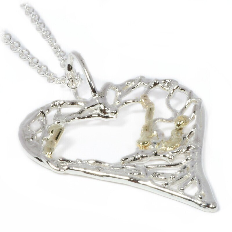 Silver &amp; 14ct Yellow Gold Open Birdsnest Heart Pendant