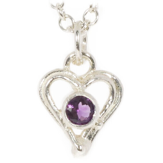 Silver Amethyst Open Wire Heart Pendant &amp; Chain