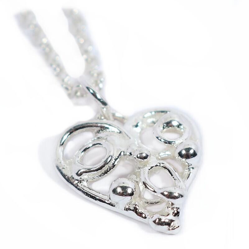 Silver Beaded Open Fused Heart Pendant &amp; Chain (15mm wide)