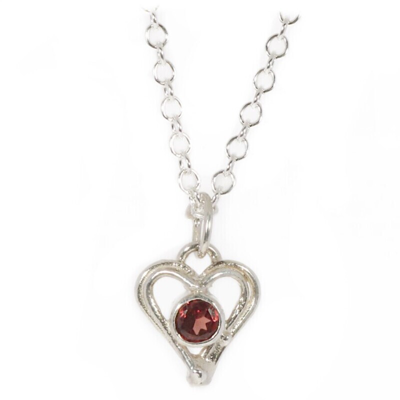 Silver Garnet Open Wire Heart Pendant &amp; Chain