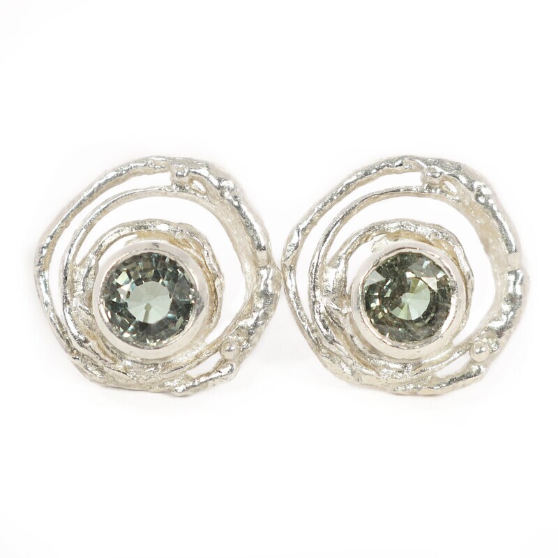 Silver Green Sapphire Montana Swirl Stud Earrings (13mm diameter)