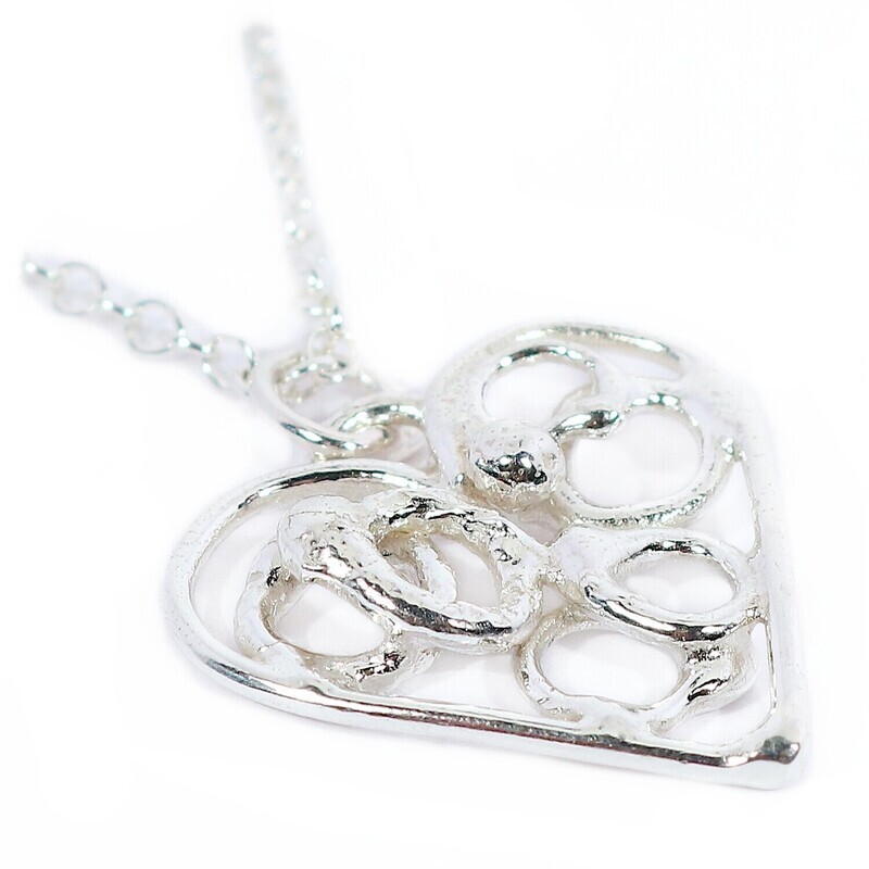 Silver  Beaded Open Fused Heart Pendant &amp; Chain (22mm wide)