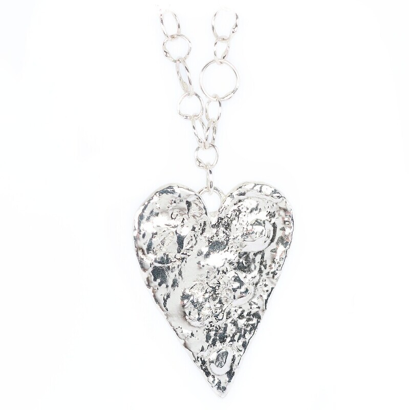 Silver Textured Heart Pendant &amp; Varied Link Original Jane Watling Fused Chain 18"
