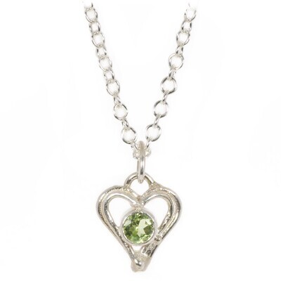 Silver Peridot Open Wire Heart Pendant &amp; Chain