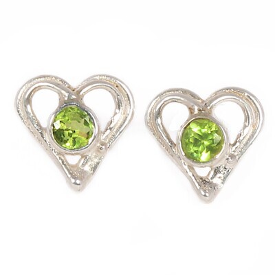 Silver Peridot Open Wire Heart Stud Earrings