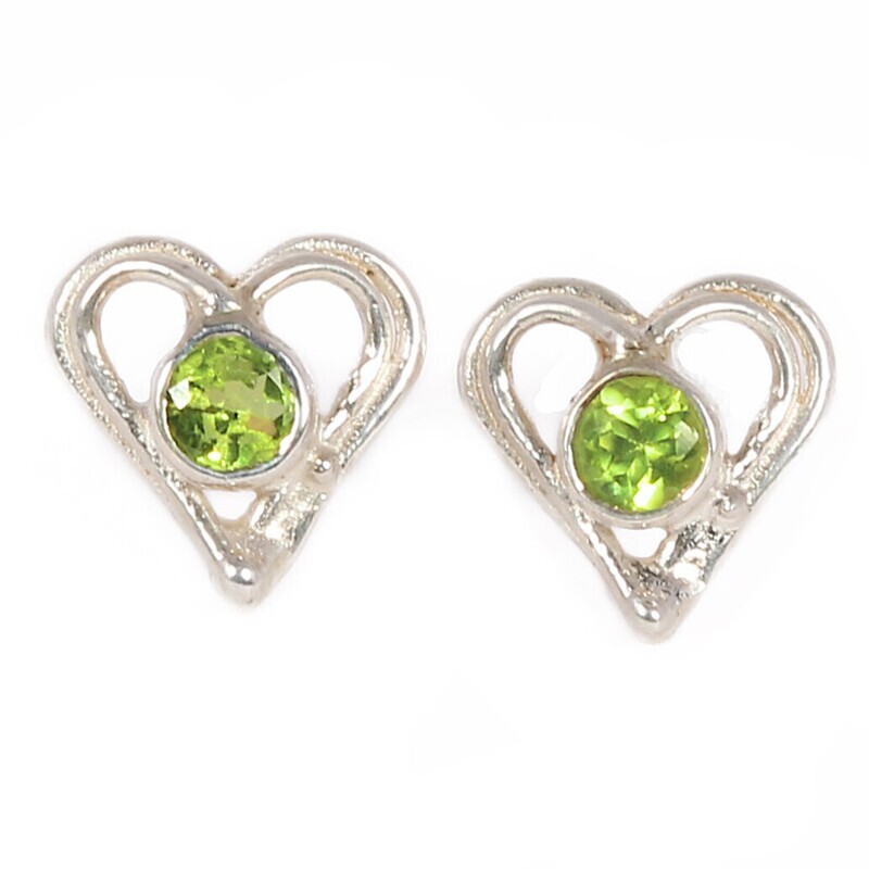 Silver Peridot Open Wire Heart Stud Earrings