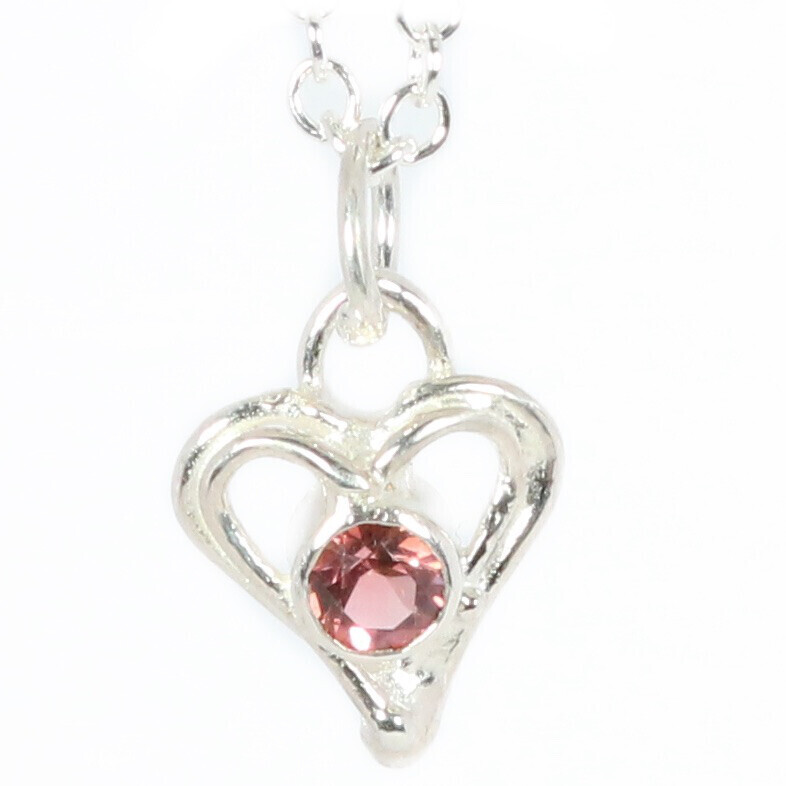 Silver Pink Tourmaline Open Wire Heart Pendant and Chain