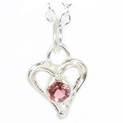 Silver Pink Tourmaline Open Wire Heart Pendant and Chain