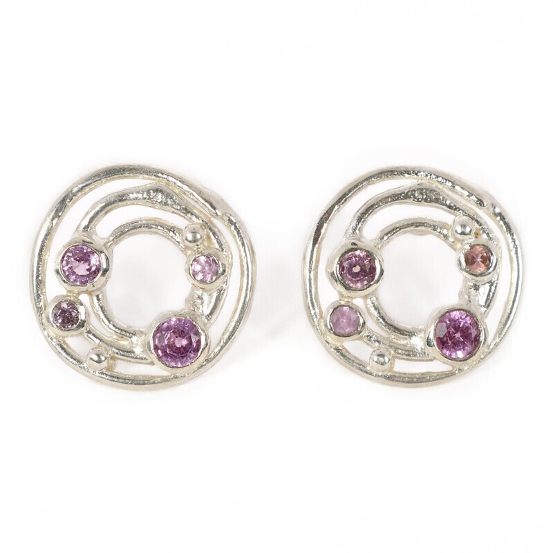 Silver Pink Sapphire Cyclone 3 Ear Stud Earrings