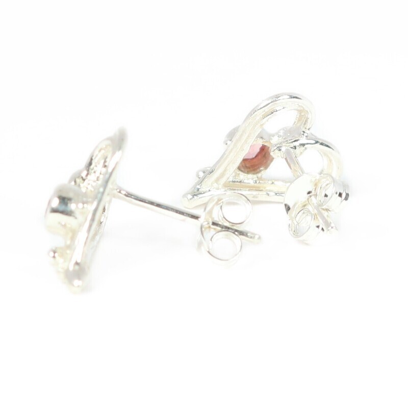 Silver Pink Tourmaline Open Wire Heart Stud Earrings