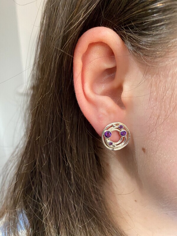 Silver Cyclone 3 Amethyst Stud Earrings