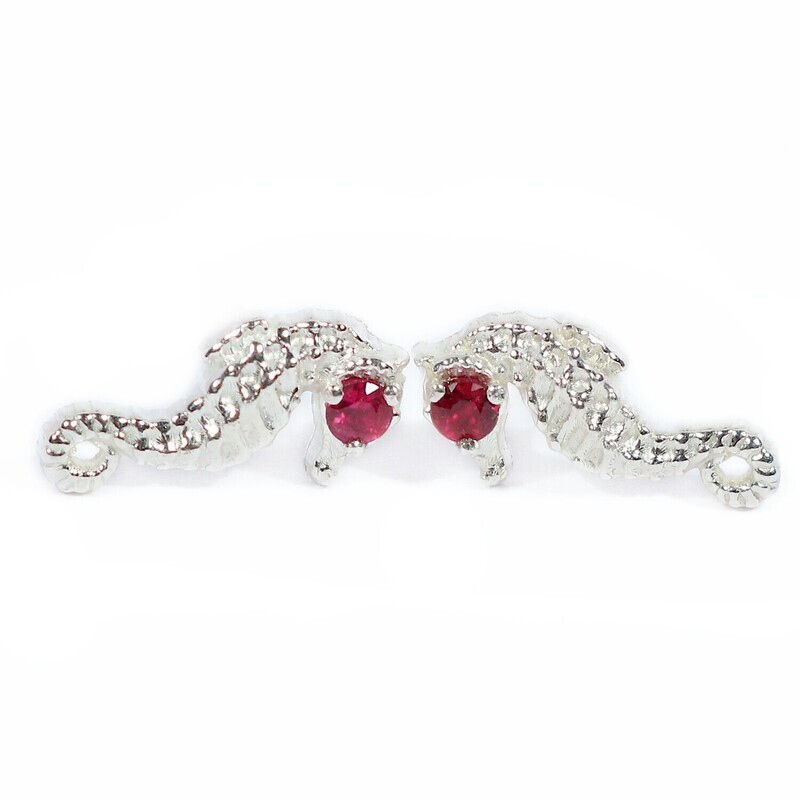Silver Ruby Seahorse Stud Earrings