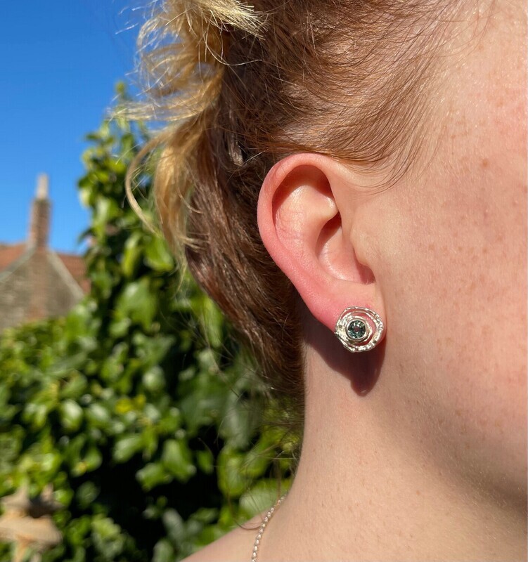 Silver Green Sapphire Montana Swirl Stud Earrings (13mm diameter)