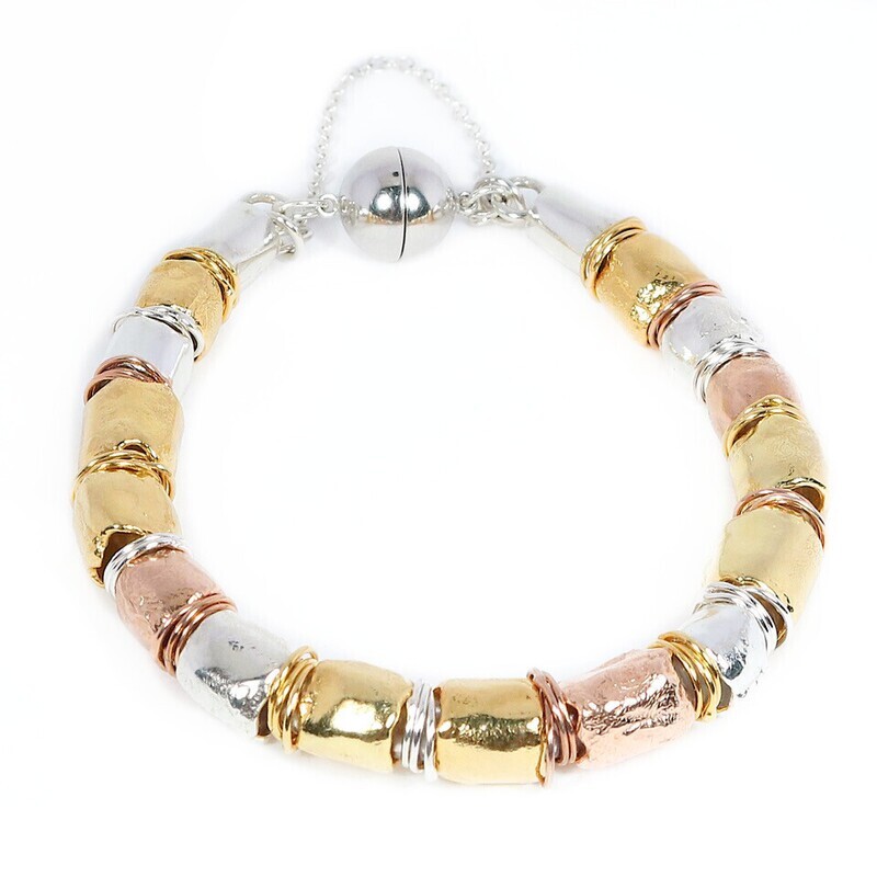 Tri Colour Silver Gold Plated Scrunchie &amp; Wires Bracelet