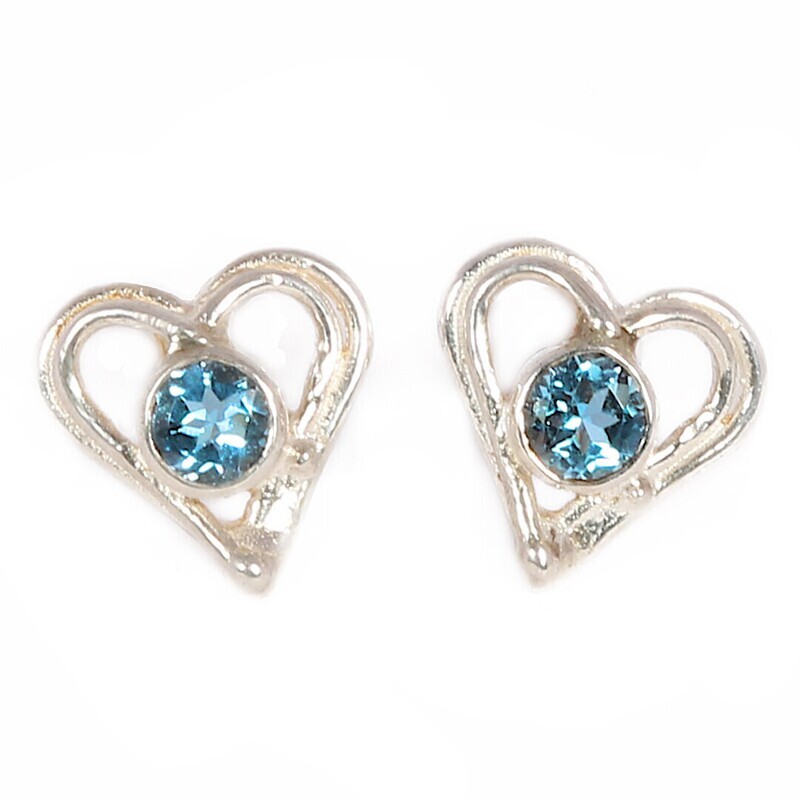 Silver Swiss Blue Topaz Open Wire Heart Stud Earrings