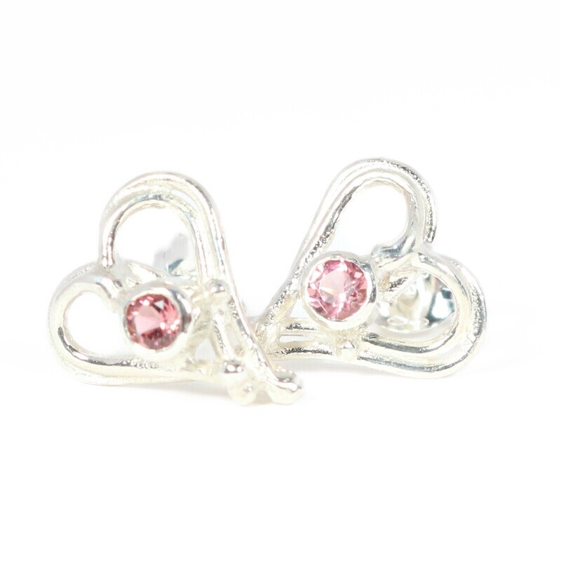 Silver Pink Tourmaline Open Wire Heart Stud Earrings